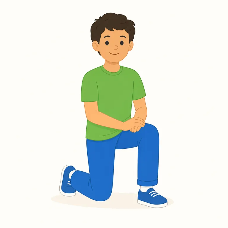 kneel（ひざまずく・動詞）の覚え方イラスト — kneel は knee（ひざ）を知っていると強い記憶フックになる語