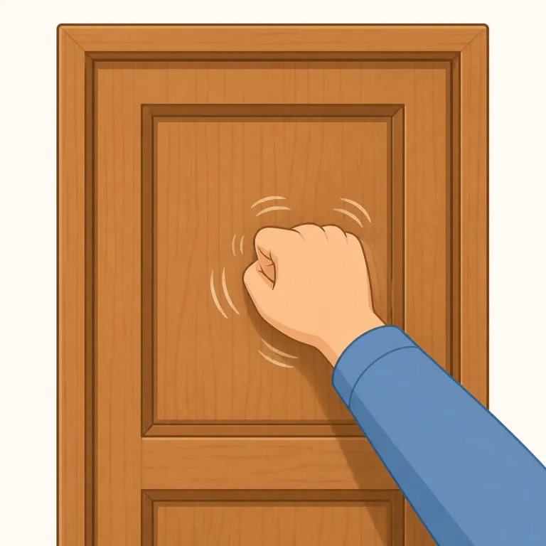 knock（ノックする・動詞）の覚え方イラスト — knock はまず『ノックする・たたく』の基本像を持つ語