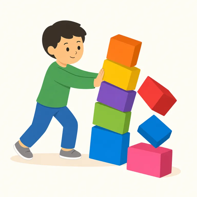 knock down（打ち倒す・句動詞）の覚え方イラスト — knock は「たたく」、down は「下へ」なので、力が加わって相手や物が地面へ倒れる絵を作ると覚えやすい表現です
