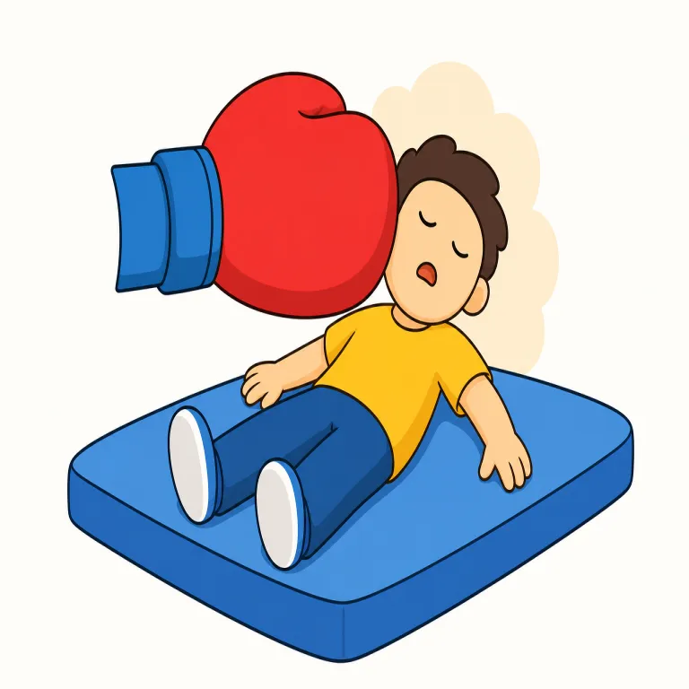 knock out（気絶させる、圧倒する・句動詞）の覚え方イラスト — knock「たたく」+ out「外へ」から、人を意識の外へ追い出すほど強く効く、と考えると覚えやすい句動詞です