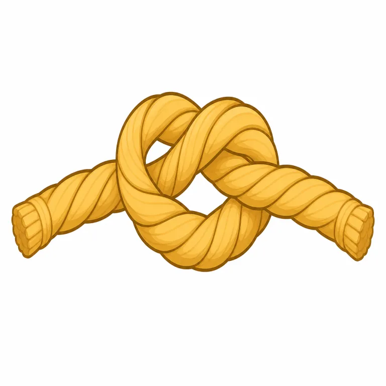 knot（結び目・名詞）の覚え方イラスト — knot を「結び目」として覚えるときは、rope, string, shoelace など細長いものが固く結ばれて一点になる場面を思い浮かべると定着します