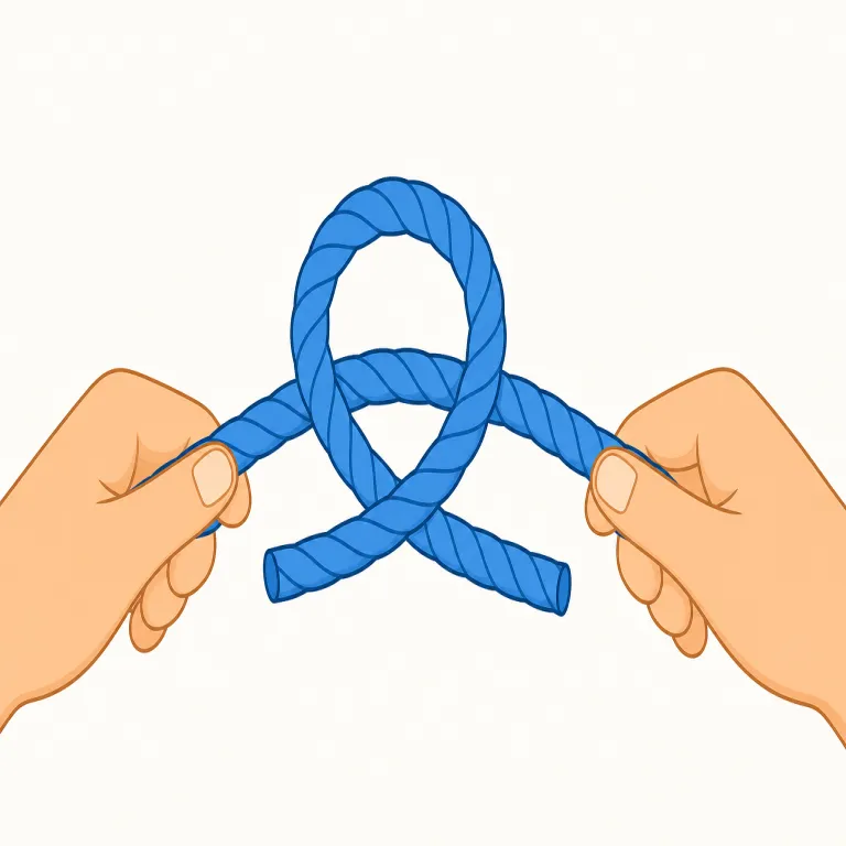 knotting（結ぶこと・名詞）の覚え方イラスト — knotting は knot「結び目」に -ing が付いた名詞で、ひも・糸・ロープなどを結んで固定する作業や技術を表します