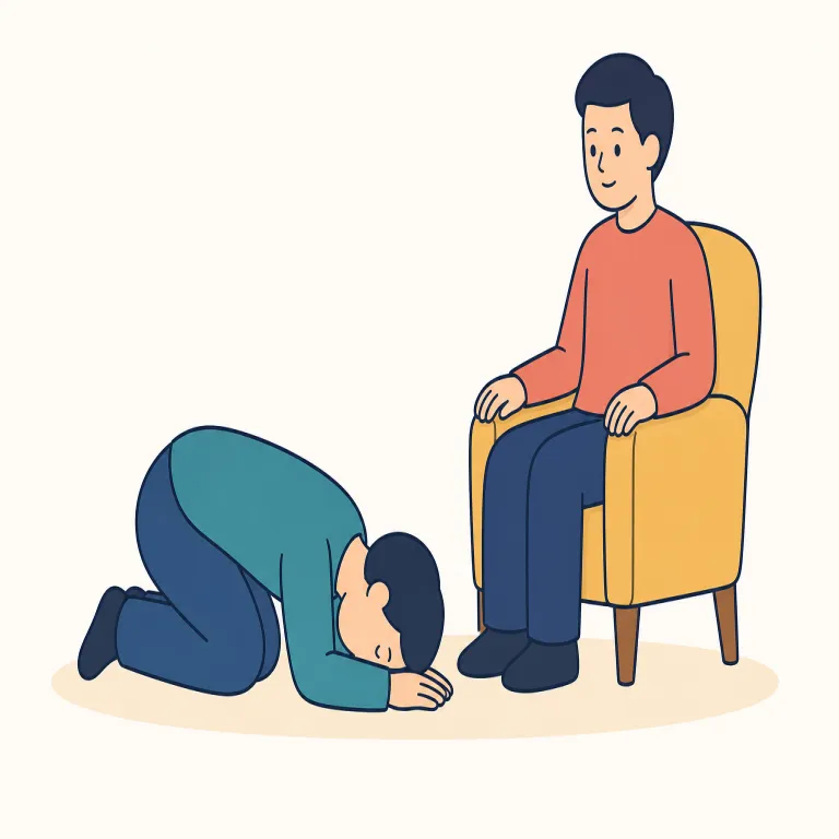 kowtowing（こびへつらう・動詞）の覚え方イラスト — 基本形 kowtow をまず覚え、kowtowing は「kowtow していること」と考えると整理しやすいです