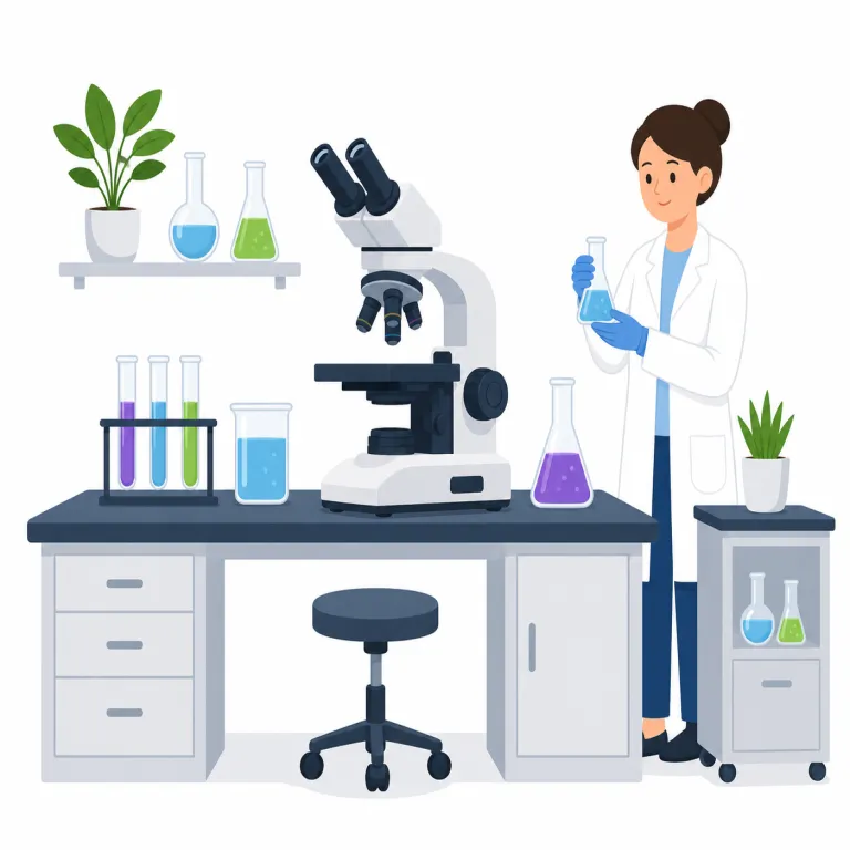 lab（実験室・名詞）の覚え方イラスト — lab は laboratory を短くした日常語です