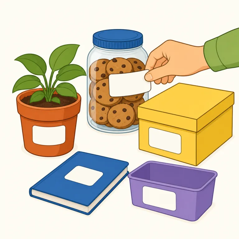 labeling（ラベル付け・名詞）の覚え方イラスト — この意味では labeling は、人を評価して決めつける「レッテル貼り」ではなく、商品や容器に情報を表示することを指します