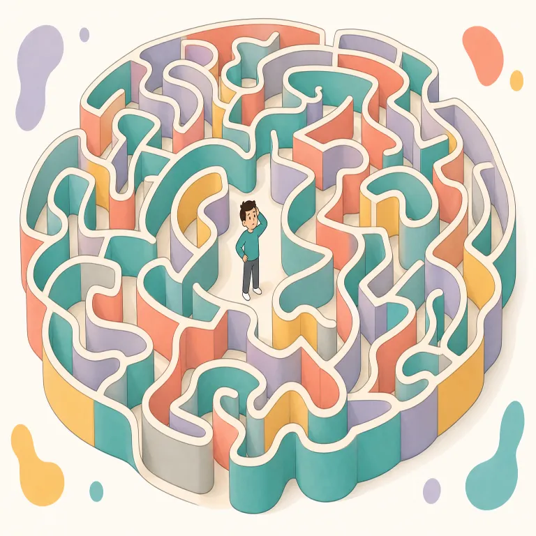 labyrinthine（迷宮のような・形容詞）の覚え方イラスト — labyrinth を知っていれば、ほぼそのまま形容詞化した語だと見抜けます