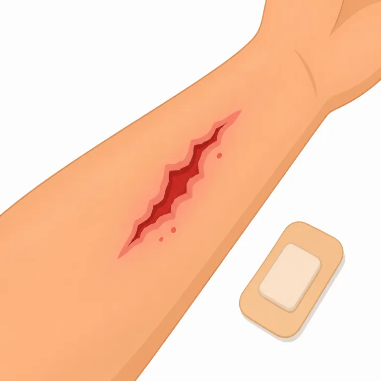 laceration（裂傷・名詞）の覚え方イラスト — まずはやさしい語との段差で覚えると定着しやすいです