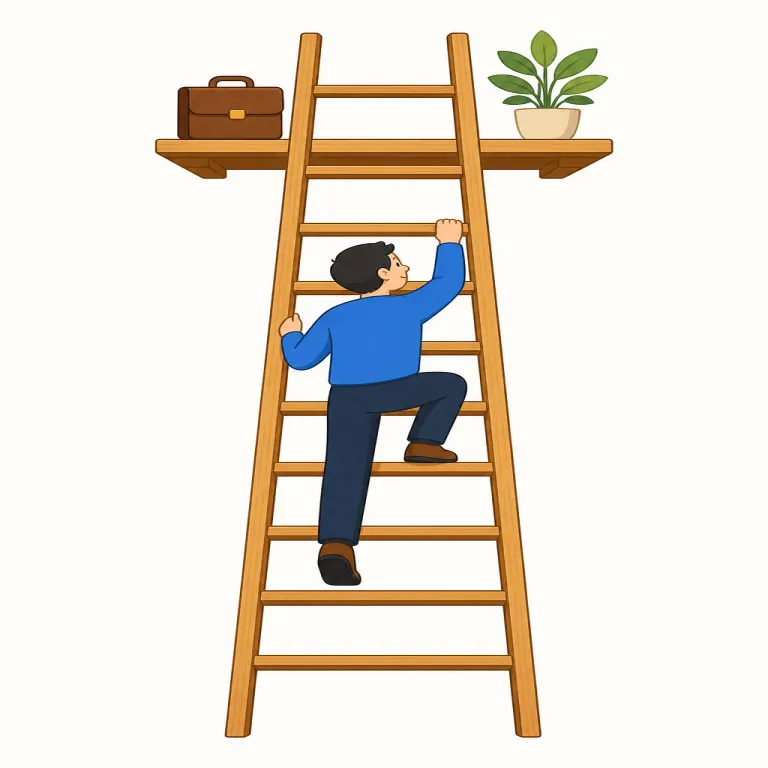 ladder（はしご、（比喩）出世の階段・名詞）の覚え方イラスト — ladder は climb up/down a ladder の形で、「上へ行くための道具」と動き込みで覚えると残りやすい語です