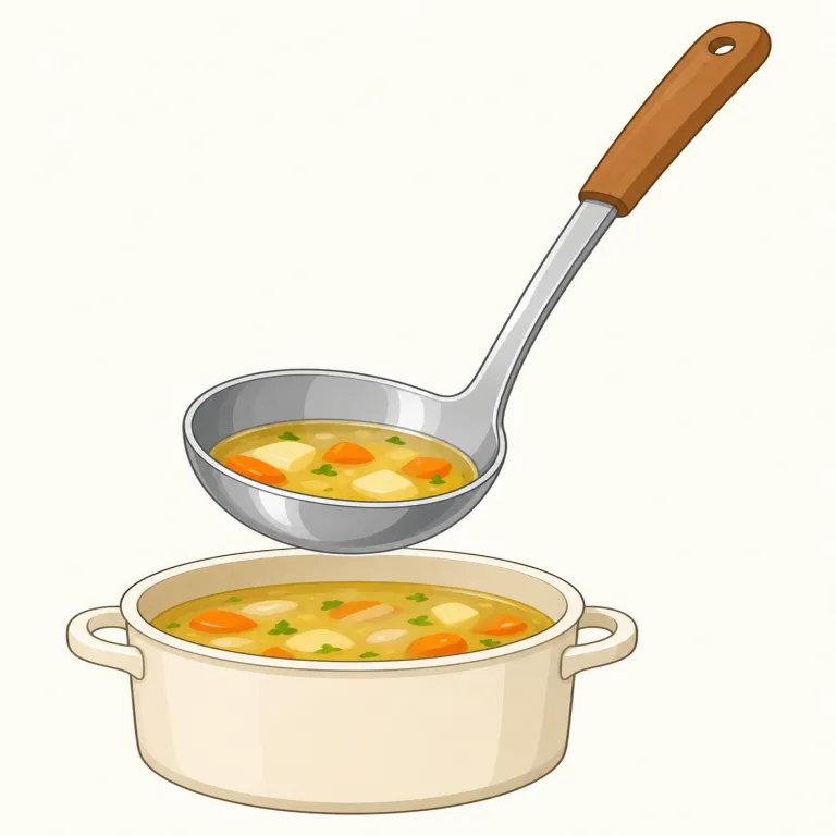 ladle（おたま、ひしゃく・名詞）の覚え方イラスト — スープを「らでる」とすくう長い道具、と音で結びつけると覚えやすいです