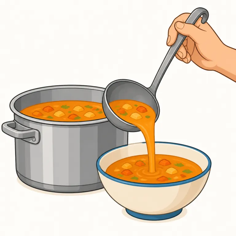 ladle（（おたまなどで）すくってそそぐ・verb）の覚え方イラスト