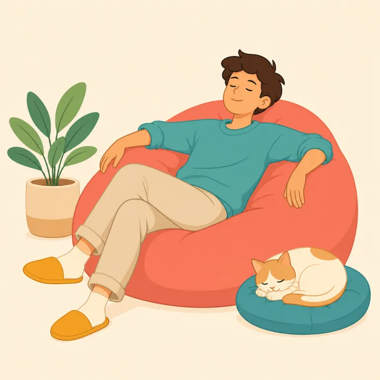 laid-back（のんびりした・形容詞）の覚え方イラスト — 椅子に体を back「後ろ」へ預けてくつろぐ姿を思い浮かべると、「のんびりした」が自然に結びつきます