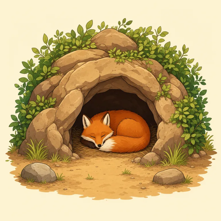 lair（隠れ家・名詞）の覚え方イラスト — lair は、野生動物のすみかや悪者の秘密基地のような「隠れ家」を指す