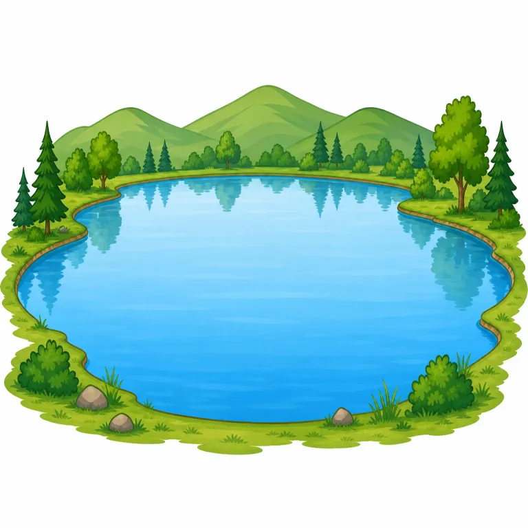 lake（湖・名詞）の覚え方イラスト — lake はまず pond より大きく、river のように流れず、sea のように海へ開いていない水面だと整理すると覚えやすいです
