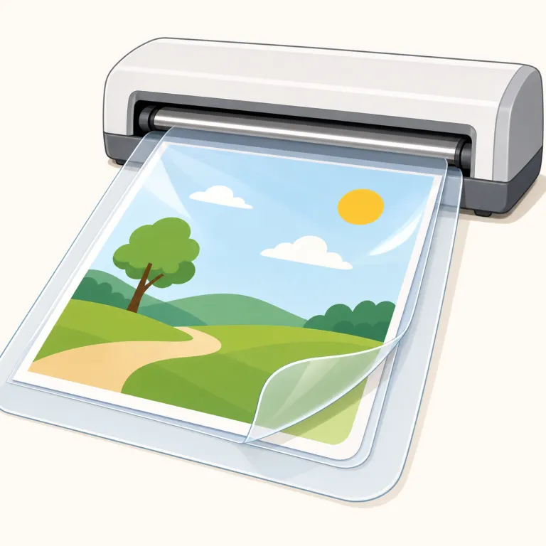 laminating（ラミネート加工・名詞）の覚え方イラスト — laminating は laminate の -ing 形で、「ラミネートすること・加工中」の感覚で押さえると覚えやすいです