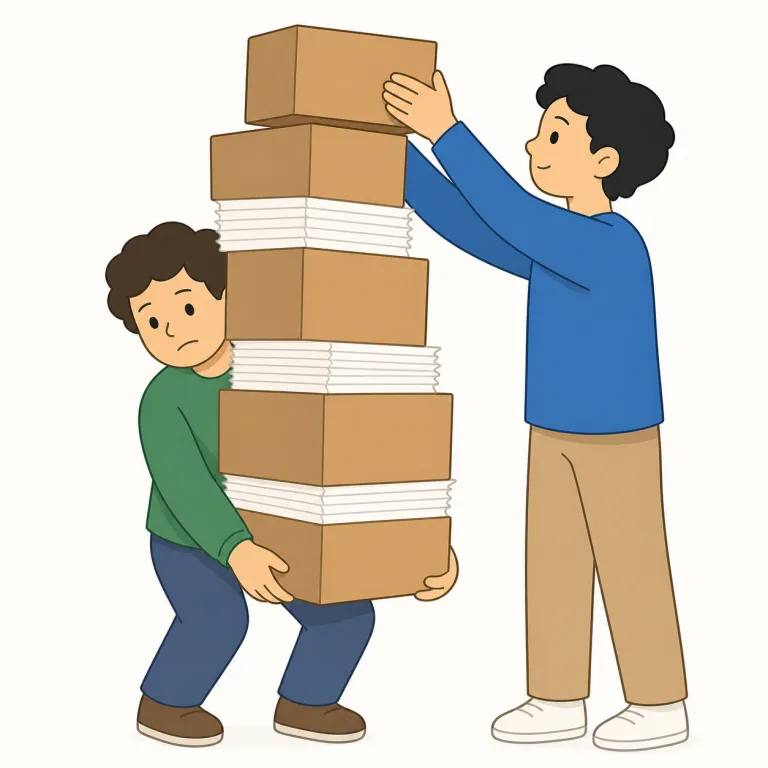 land a with b（押し付ける・句動詞）の覚え方イラスト — land A with B は、相手に面倒な仕事や責任を回してしまう場面で覚えるとよい句動詞です