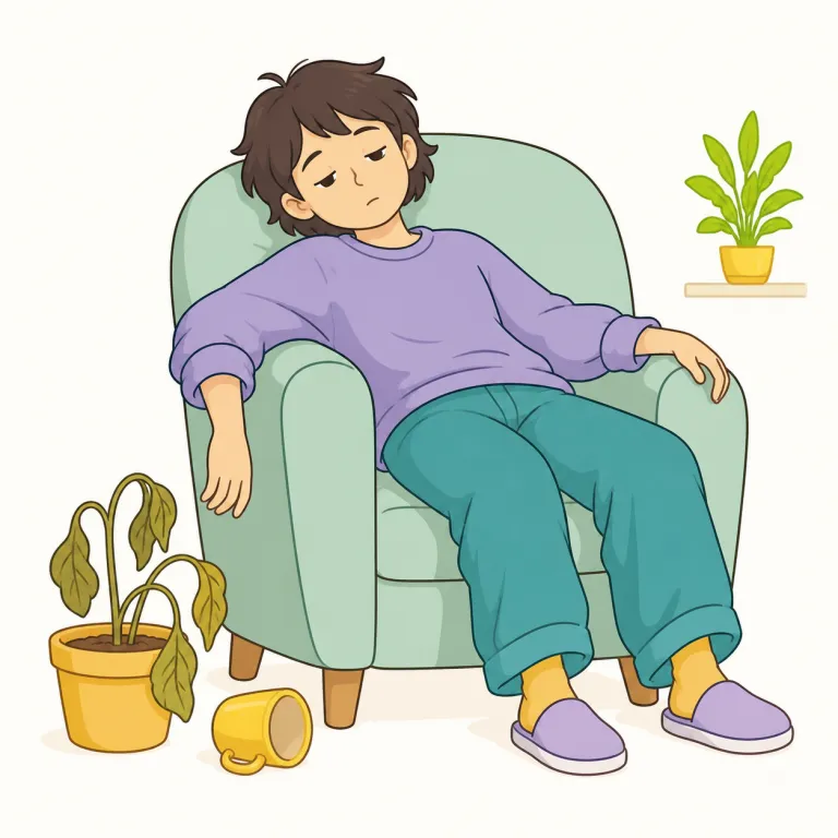 languid（だるい・形容詞）の覚え方イラスト — languid は「遅い」だけでなく、力が抜けて、どこか優雅にゆるい感じ