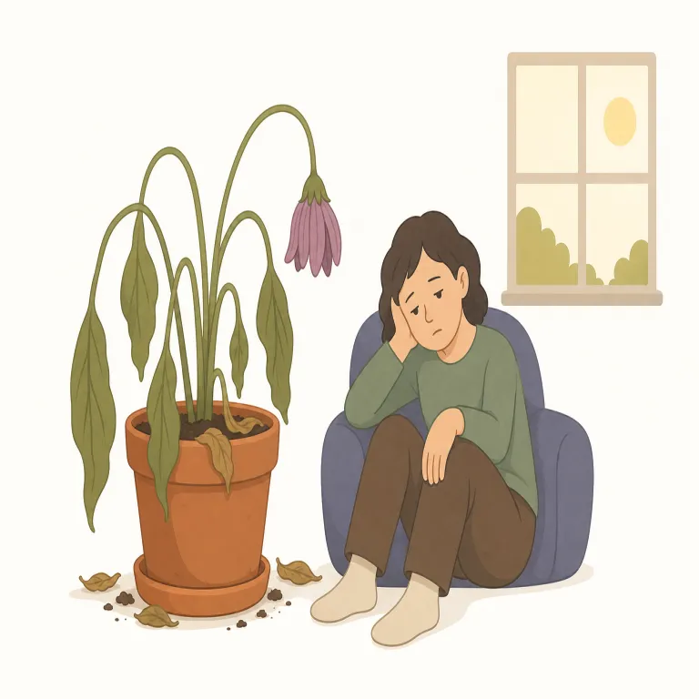 languish（衰える、苦境でくすぶる・動詞）の覚え方イラスト — languish は、まず関連語 languid（だるい、活気がない）とセットで覚えると定着しやすい語です