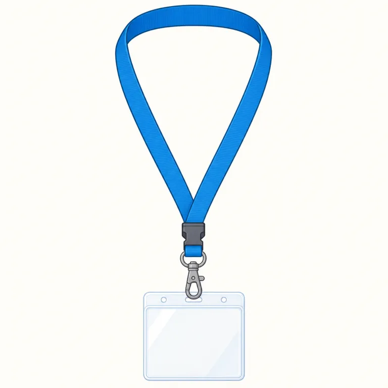 lanyard（ストラップ・名詞）の覚え方イラスト — strap の仲間として覚えると入りやすいですが、lanyard はもっと用途が狭く、IDカード・鍵・ホイッスルなどを「ぶら下げて持ち歩く細ひも」を指す語
