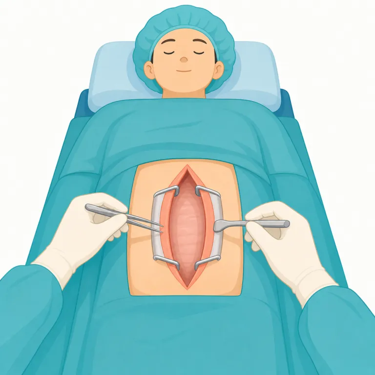 laparotomy（開腹術・名詞）の覚え方イラスト — 医学語としては長めですが、まず末尾の -tomy を tracheotomy や craniotomy などと同じ「切って開く系の手術名」だとまとめると記憶しやすくなります