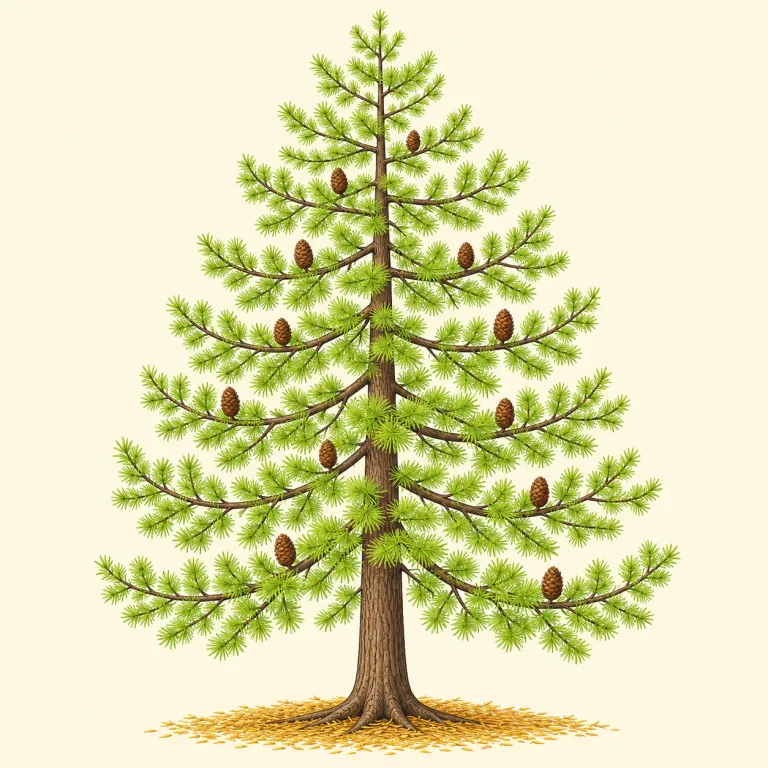 larch（カラマツ・名詞）の覚え方イラスト — tree名の基本語としては pine, fir, spruce ほど頻出ではないので、細かく訳語を覚えるより『針葉樹なのに秋に黄葉して葉を落とす、少し例外的な木』という特徴で固定すると残…