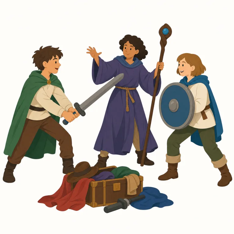 larping（LARPをすること・名詞）の覚え方イラスト — まず role-playing を知っているなら、その「会話だけでなく体も使って現場でやる版」として押さえると記憶しやすい