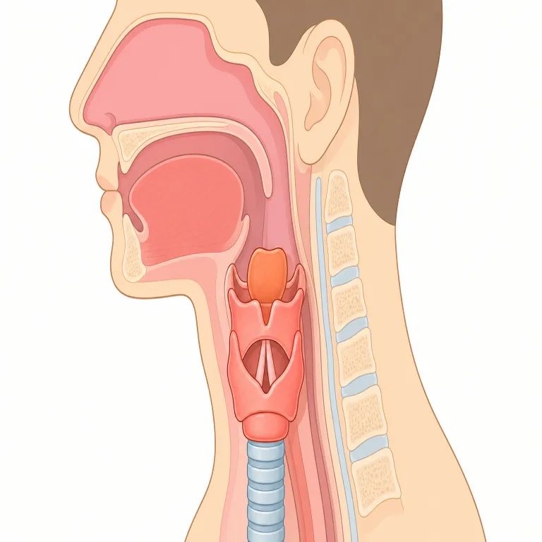 larynx（喉頭・名詞）の覚え方イラスト — larynx は単体で暗記するより、laryngitis（喉頭炎）、laryngeal（喉頭の）、laryngoscope（喉頭鏡）と一緒に「laryng-＝喉頭」と語幹で固めると残りやす…