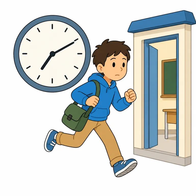 late（遅い、遅れた・形容詞）の覚え方イラスト — この語義は「基準時刻より後ろ」と考えると使い分けやすいです