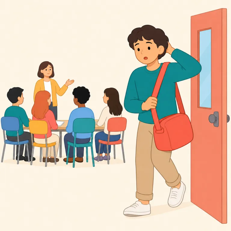 latecomer（遅刻者・名詞）の覚え方イラスト — late「遅れて」＋comer「来る人」と分解し、「遅れて来る人＝遅刻者」と覚えると明快です
