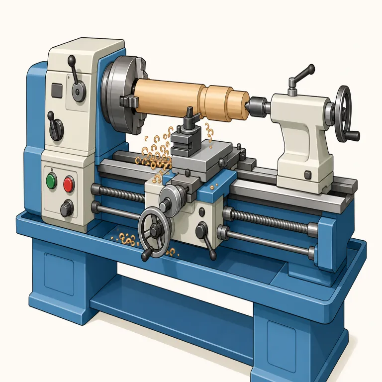 lathe（旋盤・名詞）の覚え方イラスト — lathe は単独で覚えるより、工房の基本動作セットで固定すると残りやすい語です
