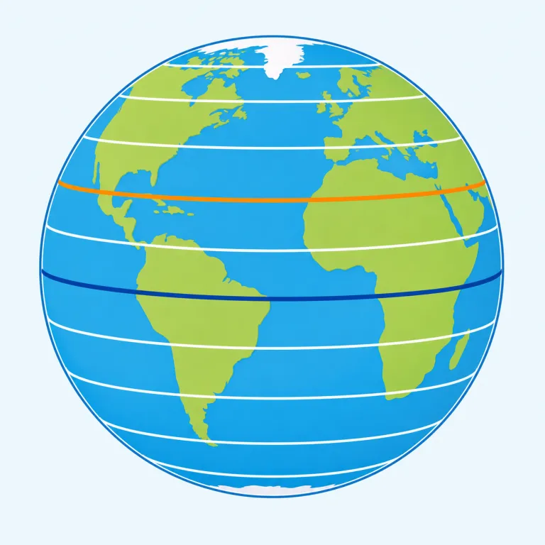 latitude（緯度・名詞）の覚え方イラスト — latitude の「緯度」は、地球上の地点が赤道からどれだけ北または南にあるかを示す数値です