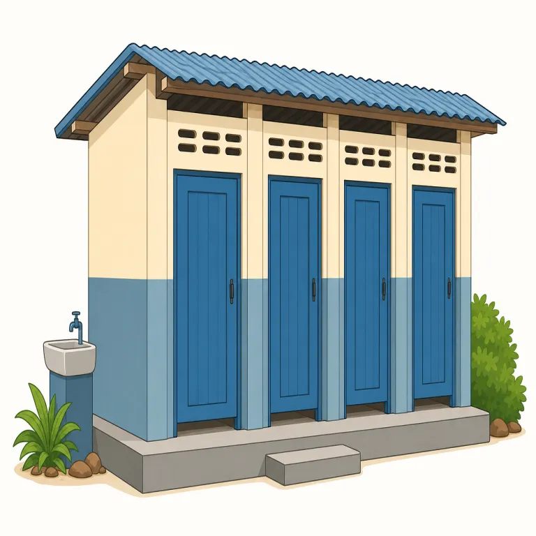 latrine（共同便所・名詞）の覚え方イラスト — まず普通の toilet / restroom ではなく、軍隊・キャンプ・刑務所などで皆が使う「共同の簡易トイレ」を指す語だと場面ごと覚えると定着しやすいです