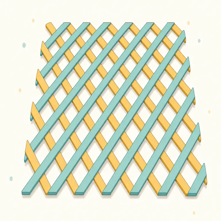 lattice（格子・名詞）の覚え方イラスト — まず「細い棒や線が、斜めまたは縦横に規則正しく交差してできた骨組み」を頭に絵で作ると覚えやすいです
