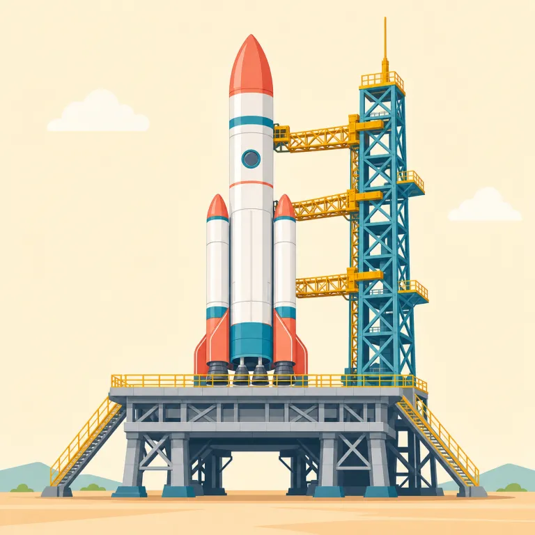 launchpad（発射台・名詞）の覚え方イラスト — launch a rocket「ロケットを打ち上げる」の launch と、helipad「ヘリポート」などの pad「専用の平らな場所」に分けると覚えやすい