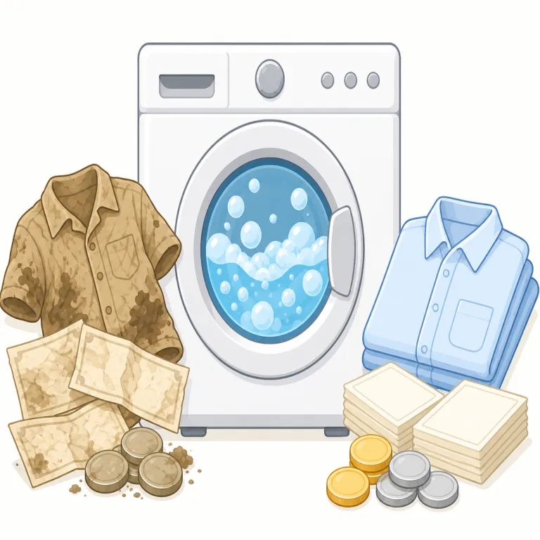 launder（洗濯する、（資金を）洗浄する・動詞）の覚え方イラスト — launder は laundry（洗濯物・クリーニング）を知っていると一気に覚えやすい
