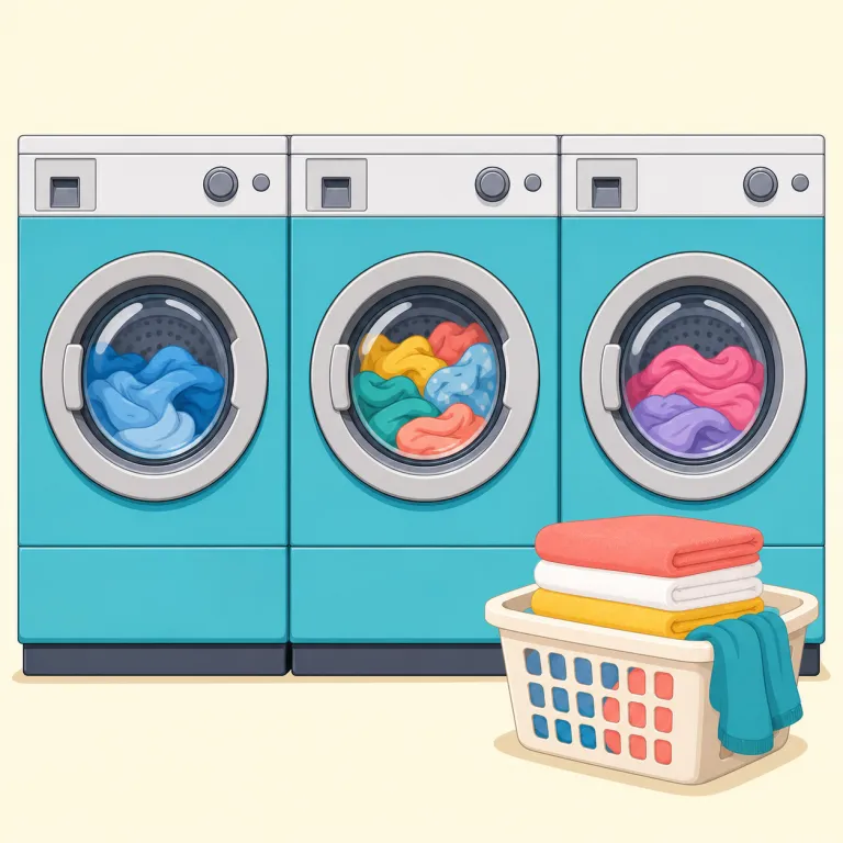 laundromat（コインランドリー・名詞）の覚え方イラスト — laundry「洗濯」と、automatic「自動の」を連想させる語尾 -mat の組み合わせとして覚えると定着しやすい