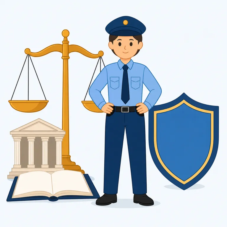 law enforcement（警察当局・名詞）の覚え方イラスト — law + enforcement で「法律を実際に守らせること／その担い手」