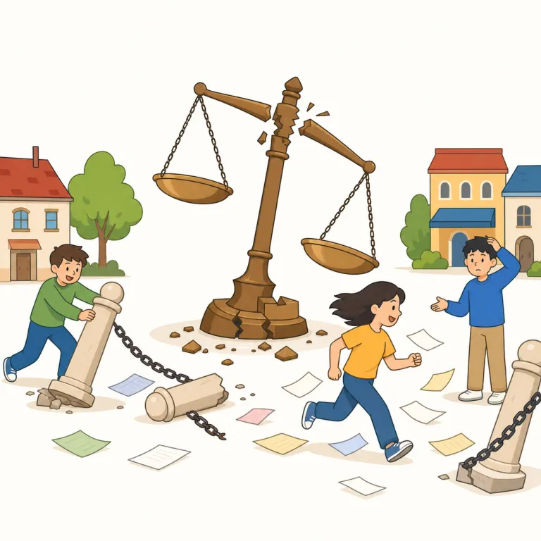 lawlessness（無法状態・名詞）の覚え方イラスト — law が「法」、-less が「ない」、-ness が「状態」なので、まず lawless＝「法がない」、lawlessness＝「無法状態」と一段ずつ分解して覚える