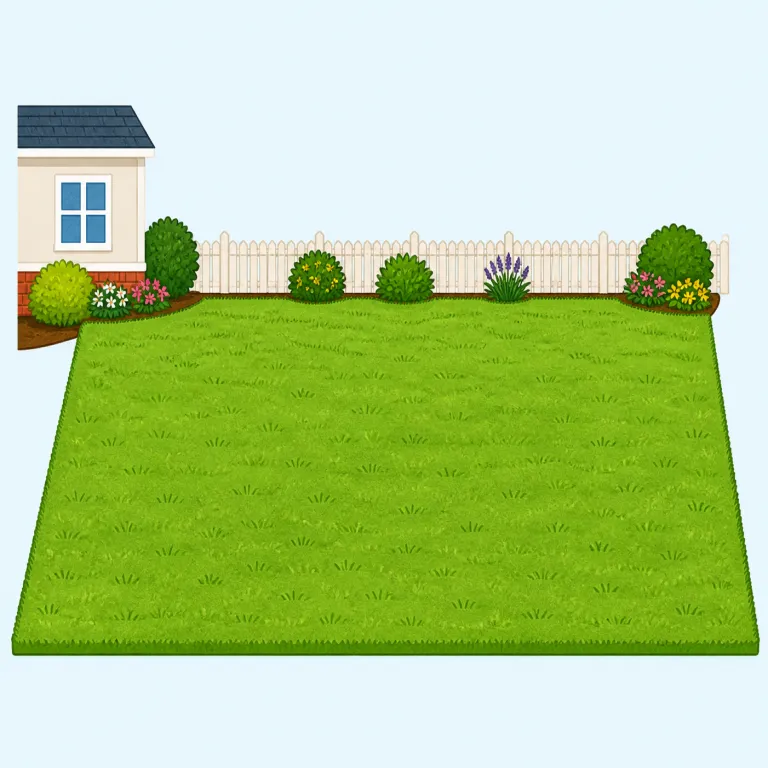 lawn（芝生・名詞）の覚え方イラスト — lawn は grass より限定的で、「どこにでも生える草」ではなく、家の前庭や公園で短く整えられた芝生を指す語