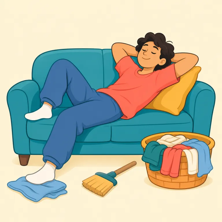 layabout（怠け者・名詞）の覚え方イラスト — lay「横になる」と about「あちこちに、漫然と」を結び付け、「仕事をせず、その辺で寝そべっている人」という場面で覚えると定着しやすい語です