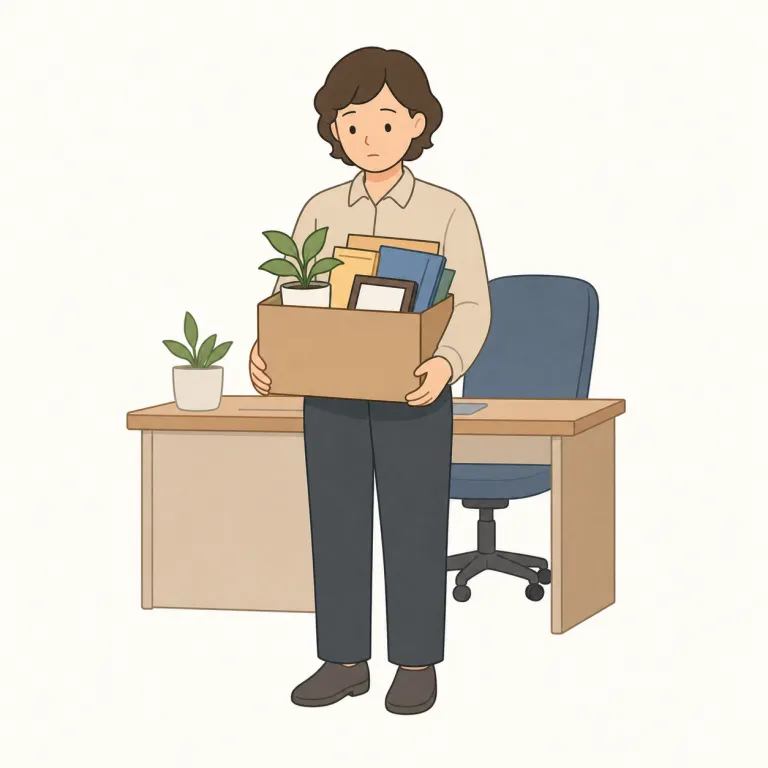 layoff（一時解雇・名詞）の覚え方イラスト — この意味の layoff は、会社が従業員を仕事から外す出来事として覚えます