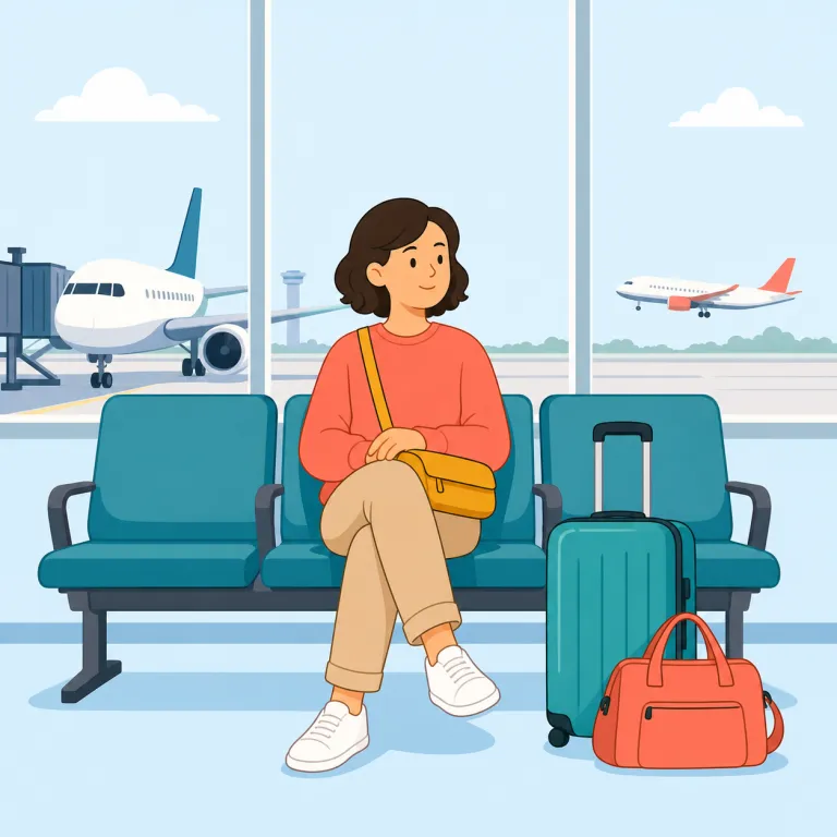 layover（乗り継ぎ・名詞）の覚え方イラスト — lay を「横たえる・置く」、over を「先へ進む流れ」と見て、旅が目的地まで一直線に行かず、途中で自分や荷物が“いったん置かれる”時間だとイメージすると覚えやすいです