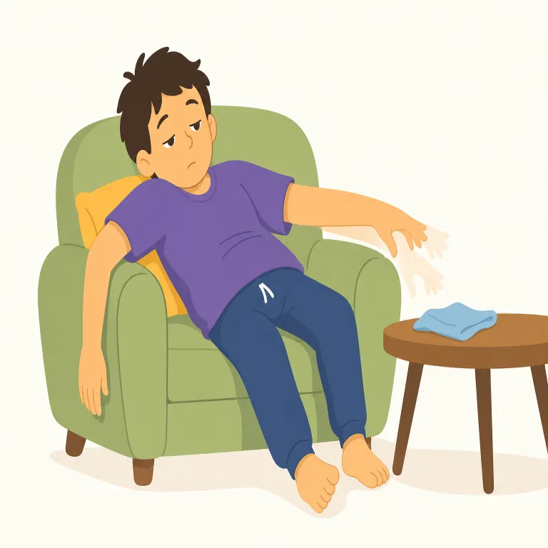 lazily（怠惰に・副詞）の覚え方イラスト — lazy を知っていれば、副詞の -ly が付いた lazily は「怠けた感じで」「だらだらと」