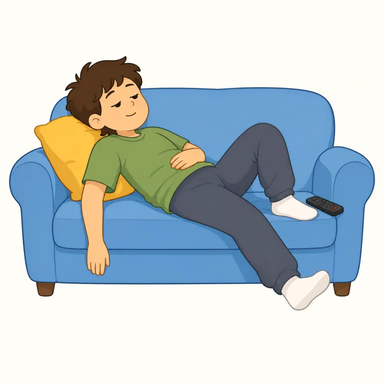lazy（怠惰な、のんびりした・形容詞）の覚え方イラスト — lazy は「したくないので動かない人」を思い浮かべると定着しやすい