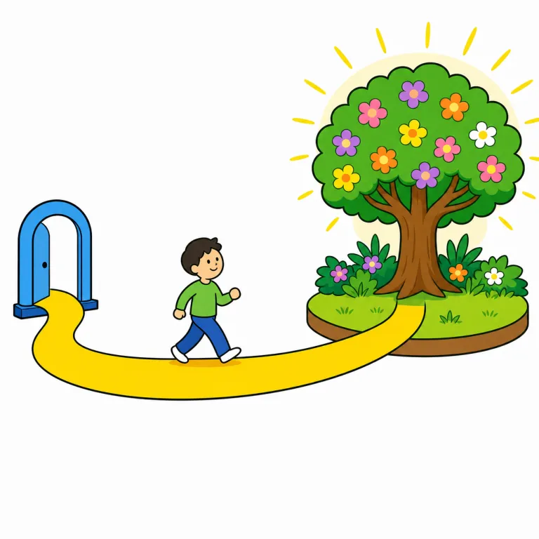 lead to（〜に通じる・句動詞）の覚え方イラスト — 道が庭へ続く場面