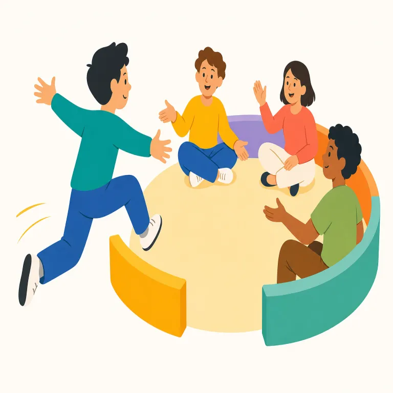 leap in（（話や行動に）飛び込む、（機会に）飛びつく・句動詞）の覚え方イラスト — leap は jump より勢いが強く、「ひょい」ではなく「ぱっと大きく跳ぶ」感じ