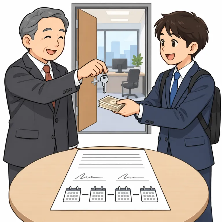 lease（賃貸する、貸す・verb）の覚え方イラスト