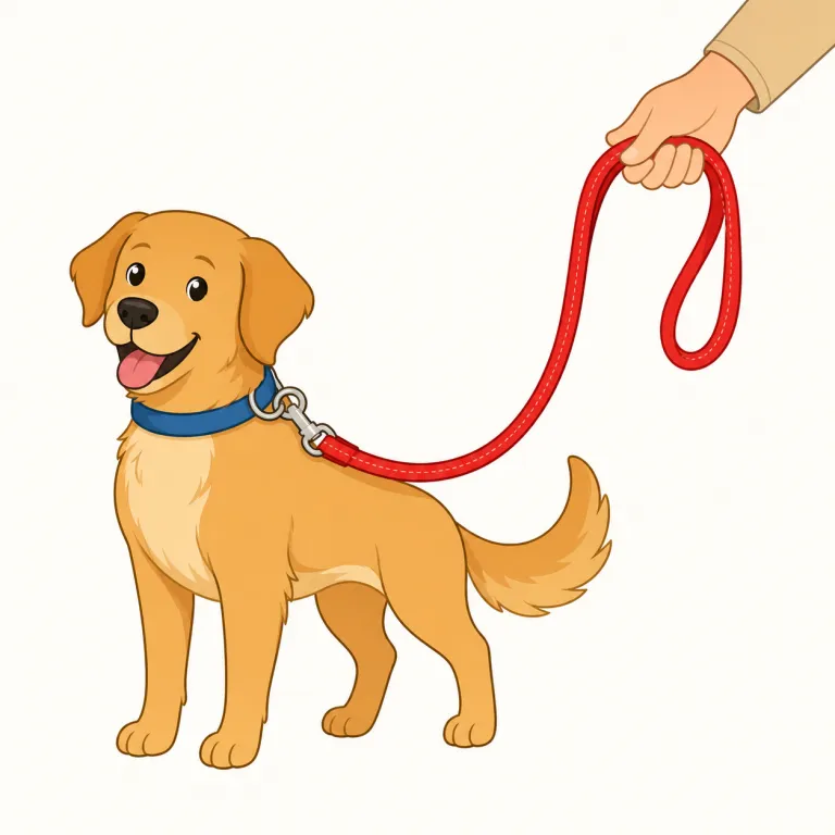 leash（（犬などの）引き綱・名詞）の覚え方イラスト — 名詞 leash は、犬が先へ行こうとしても手元で長さを調整できる「リードそのもの」を思い浮かべます
