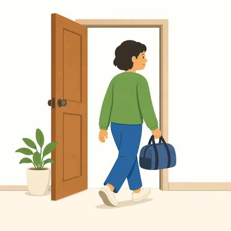leave（去る、離れる・動詞）の覚え方イラスト — leave は「残して離れる元の場所」に目を向ける語です