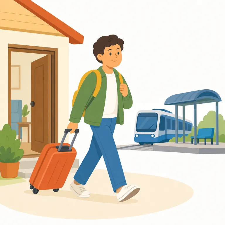 leave for（～へ出発する・句動詞）の覚え方イラスト — leave 単体は「去る・離れる」ですが、for が付くと「どこへ向けて離れるのか」がはっきりし、「～へ出発する」になります