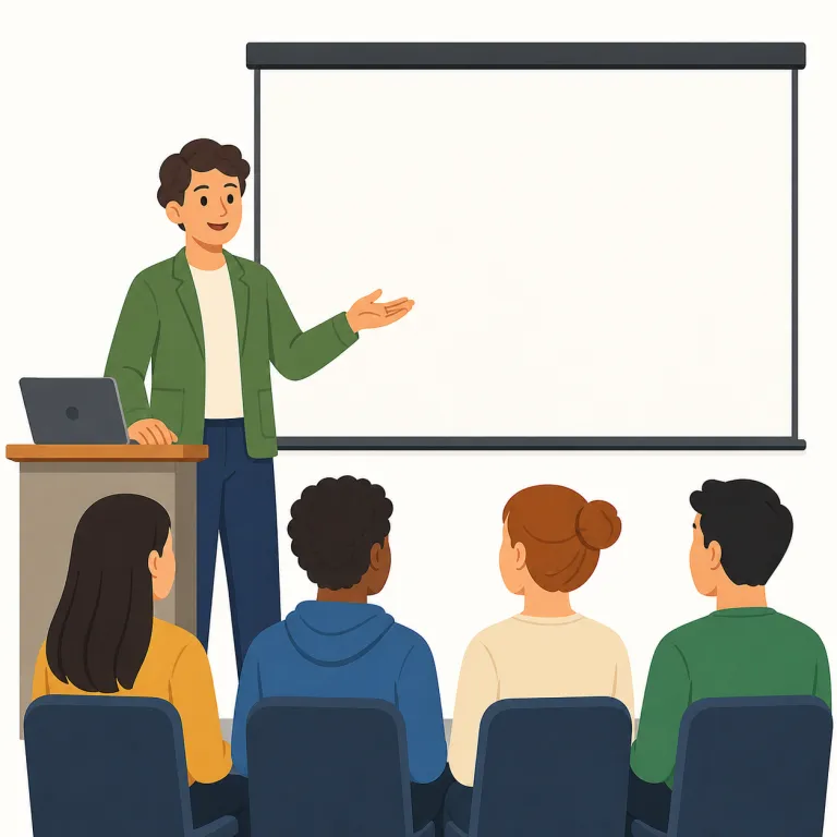 lecture（講義・名詞）の覚え方イラスト — 名詞の lecture は、時間割の一コマやホールでの講演のように、「話としてまとまった教育的イベント」を表すと考えると使い分けやすいです